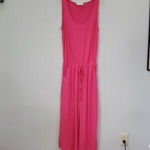 Zenana Jumpsuit Womens M Tank Top Cropped Wide Leg Tie Waist Hot Pink Knit Comfy